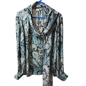 Joan River 1X Women Paisley Attached Scarf Long Sleeve Retro Playful Vintage Top